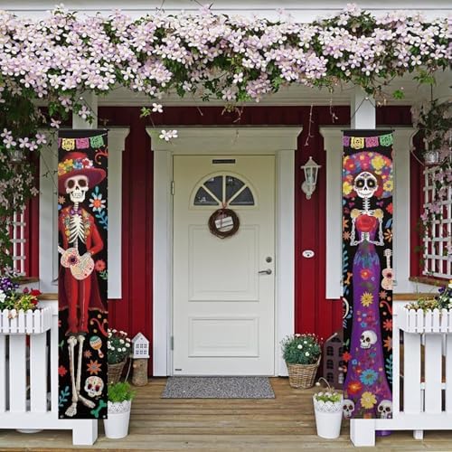 2PCS Day of the Dead Porch Banner Skeleton Couple Hanging Banner Decorations 71 x 12 Inch Front Door Sign Outdoor Decor for Halloween Mexican Festival Party Display - Image 2