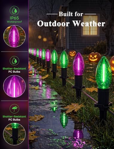 19.5FT Halloween Pathway Lights, 10 Green and Purple C9 LED Stake Lights - Image 4