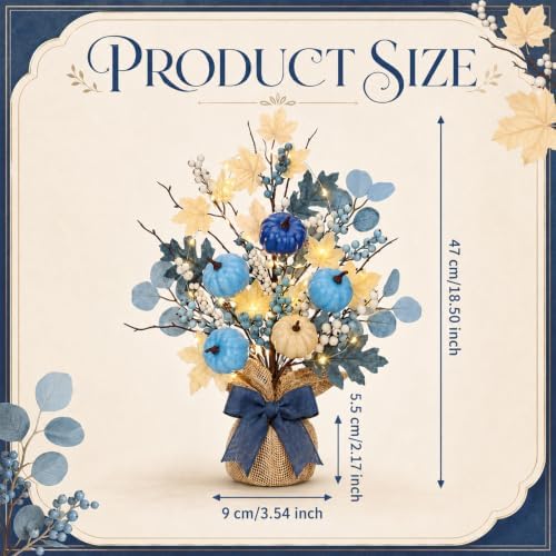Yinder 2 Pack Lighted Fall Tree 18" Blue White Fall Thanksgiving Decor with LED Lights Battery Operated Artificial Eucalyptus Pumpkins Autumn Centerpiece for Harvest Halloween Fireplace Home Decor - Image 2