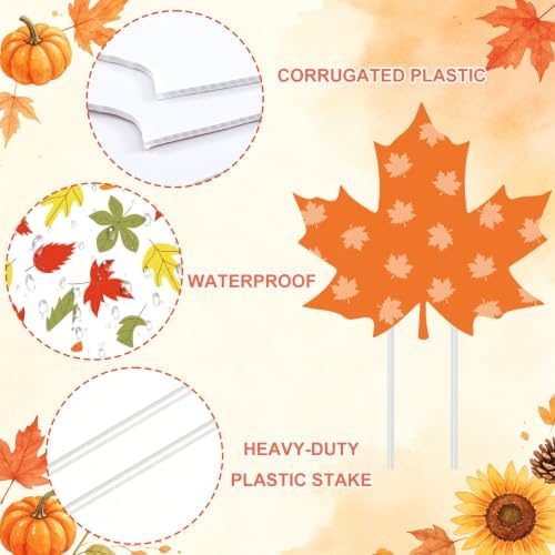 Whaline 12 Pcs Fall Maple Leaf Yard Signs with 24 Pcs Stakes Orange Plaid Striped Maple Leaves Yard Decorations for Autumn Harvest Thanksgiving Party Lawn Garden Pathway Outdoor Decor - Image 3