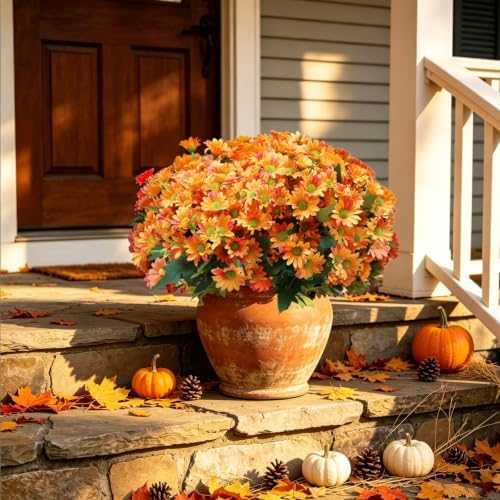 8 Bundles Artificial Daisy Flowers for Outdoors, UV Resistant Faux Daisy Mums for Outdoor Planters, Front Porch, Patio, Yard, Garden, Window Box Spring Summer Fall Decor, Orange by BCBLF