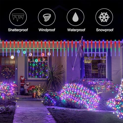 WATERGLIDE 16 Icicles Meteor Shower Lights, 12" Outdoor Christmas Icicle 384 SMD LED Crystal Ice Falling, Connectable Raindrop, Xmas Winter Party Tree Holiday Decor, Multicolor - Image 4