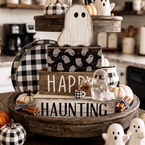 Lineshading 4 Pcs Happy Haunting Wood Blocks, Halloween Farmhouse Decor - Image 2