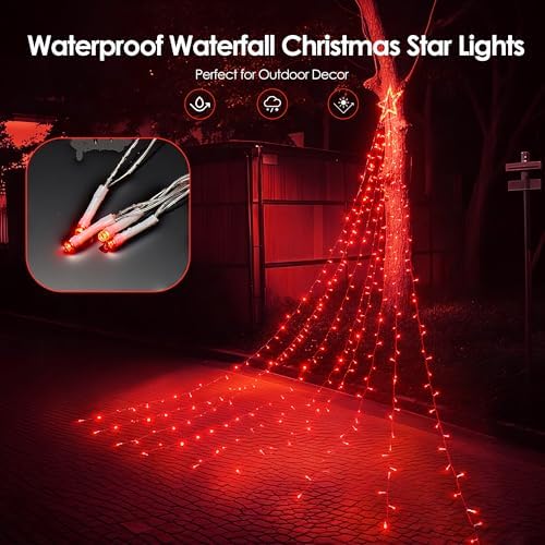 WBao 344 LED Christmas Lights Outdoor Decorations with 12" Star Topper, 11.9ft Waterfall Christmas Lights, Remote Control 8 Modes, 3 Timers, UL Listed Waterproof for Tree Roof Porch Xmas Decor, Red - Image 4