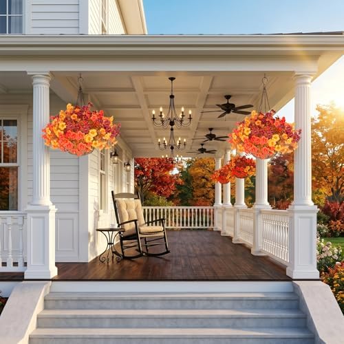 Daynight 2 Set Artificial Outdoor Fall Flowers with Hanging Baskets, 24 Pcs Faux Petunias Flowers with Hanging Planter for Outside Porch Yard Garden Autumn Decor (2, Orange) - Image 6