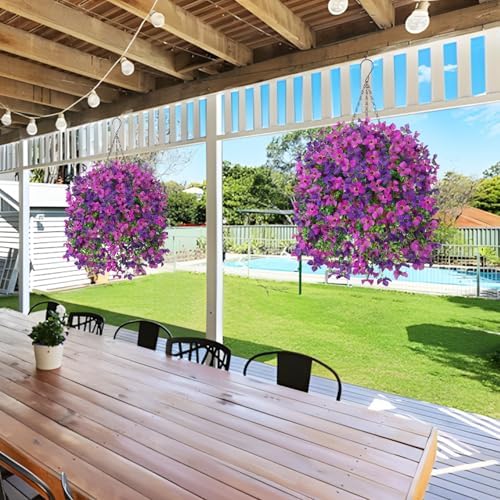 INXUGAO Artificial Hanging Flowers Plants with Basket for Outdoors, Realistic Faux Silk Daisy Flower Eucalyptus for Spring Decor, UV Resistant Fake Plants for Porch Patio Yard Balcony, Violet - Image 5