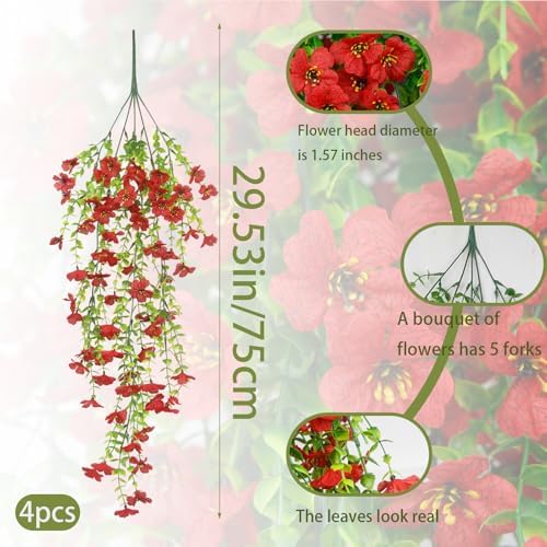 4 Pcs Artificial Hanging Flowers for Outdoors Spring Summer Faux Silk Daisy Flowers UV Resistant Realistic Fake Hanging Plants for Outside Home Indoor Planter Porch Garden Yard Decor Red - Image 2