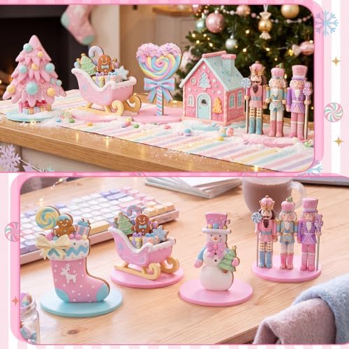Leinuosen 12 Pcs Christmas Table Decoration Pastel Christmas Tiered Tray Decor Pink Wooden Gingerbread Candy Centerpieces Nutcracker Truck Snowman Signs for Xmas Gift Home Kitchen Coffee Bar Shelf - Image 4