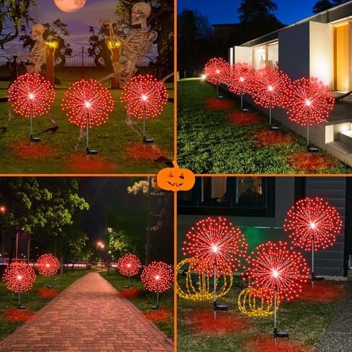 Tujoe 4 Pack Halloween Outdoor Decoration Solar Firework Lights,Red - Image 6