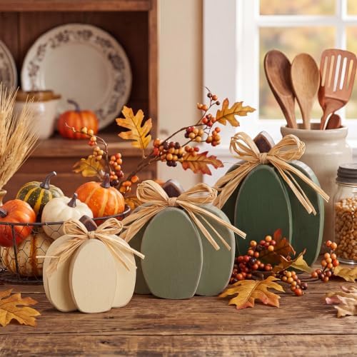 Ferraycle 3 Pcs Fall Pumpkin Decor Fall Wooden Signs 3D Pumpkin Tabletop Decor Farmhouse Sign Rustic Tiered Tray Decorations Block Centerpiece Standing Sign for Home Kitchen Harvest (Dark Green) - Image 5