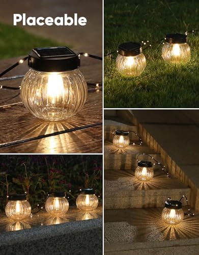 PARTPHONER Solar Lights Outdoor Waterproof 12-Pack, Solar Powered Hanging Lantern Ribbed Glass Hanging Globes for Yard Decor Christmas Decoration, Shepherd Hook, Garden Tree Ornaments, Clear - Image 4