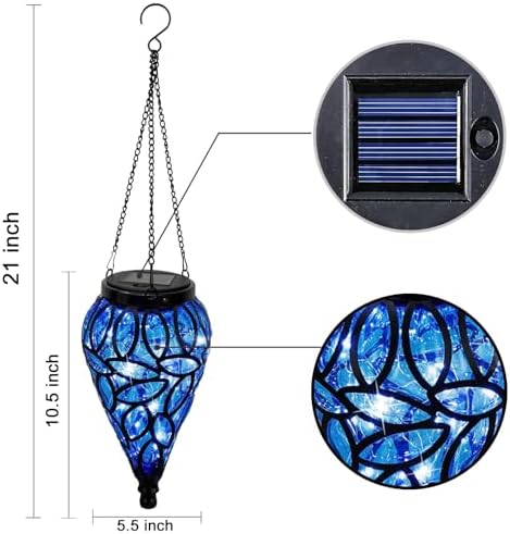 Solar Hanging Lantern Outdoor Lights, Solar Lanterns Decorative Outdoor,Tear-Shaped 15 LEDs Cool White Hanging Lights with S Hooks Decor in Garden, Yard, Pathway, Front Door, Blue - Image 2