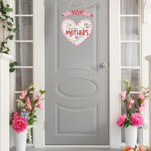 HOURIA Happy Mother's Day Wooden Sign(11.4”x12.5”),Vintage Best Mom Ever Wall Decor,Pink Flower Heart Shaped Door Hanger for Mom Grandma Woman - Image 6