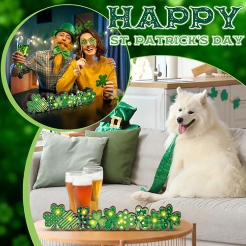 Yousoontic St. Patrick's Day Shamrock Decor Table Centerpieces Wooden Shamrock Sign Decorations with LED Lights Block Irish Farmhouse Green Decor for St. Patrick's Day Home Mantel Desk Office Party - Image 6