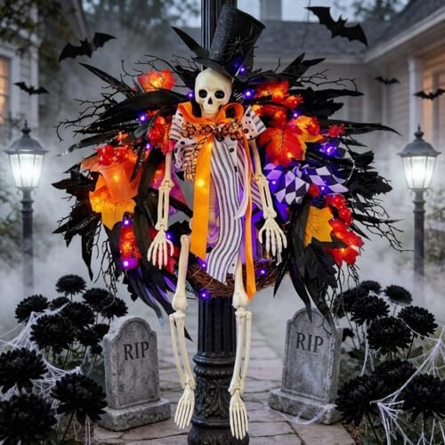 HipTree 28 Inch Halloween Skeleton Wreath for Front Door with Lights - Image 6
