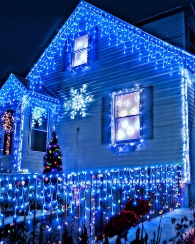 Christmas Lights Outdoor, 53 FT 486 LED Christmas Lights for Outside, Timer & Memory, Plug in 8 Modes Hanging Fairy Lights with 108 Drops for House Eaves Yard Patio Holidays Decorations, Blue - Image 6