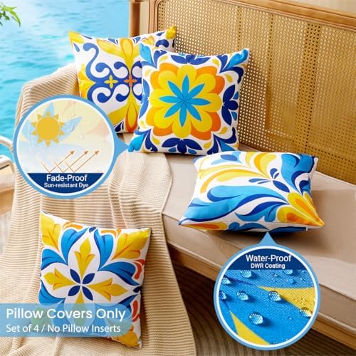 Blue and Orange Outdoor Floral Pillow Covers 18x18 Set of 4 Waterproof, Mediterranean Decor Accent Porch Throw Pillows 18 x 18, Fade Resistant Waterproof Outdoor Pillows for Patio Furniture - Image 2