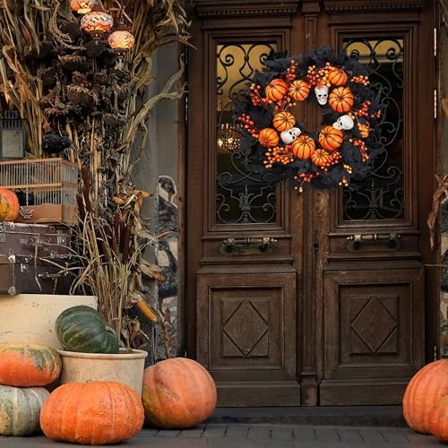 Sggvecsy Halloween Wreath with Artificial Pumpkin Handmade Black Maple Leave Skull Pumpkin Orange Berries 20''Front Door Decorations for Indoor Outdoor Home Halloween Festival Decoration - Image 3