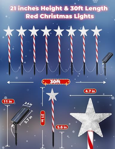 Solar Christmas Lights Outdoor 8 Pack, 2200mAh Solar Xmas Decorations Star Light, 8 Lighting Modes IP65 Waterproof Christmas Pathway Lights Outside for Garden, Yard, Street, Park, Holiday (RED) - Image 3