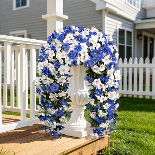 Artificial Hanging Flowers for Outdoors, 4 PCS 544 Blooms UV Resistant Morning Glory Faux Silk Vines, No-Odor Realistic Fake Plants for Garden Planter Porch Patio Decoration, White Blue - Image 2