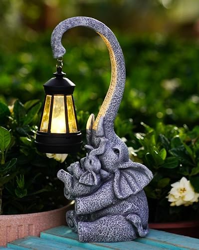 Pohabery Elephant Outdoor Statues with Cute Baby Garden Decor, Resin Elephant Figurines with Solar Lantern Outdoor Decoration Gifts for Mothers Day, Birthday Day by Pohabery