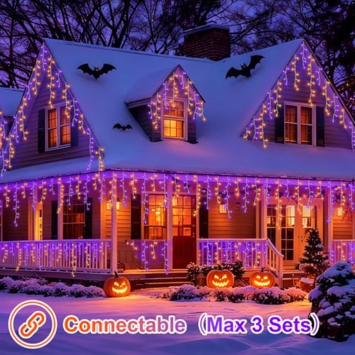 YEGUO 33ft 400 LED Orange and Purple Icicle Halloween Lights, 80 Drops Icicle Lights Connectable, 8 Modes Icicle Christmas Light with Memory Timer - Image 7
