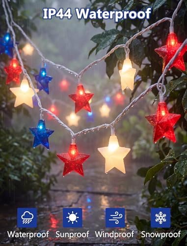 10 LED Red White Blue Star String Lights Outdoor, 8.5Ft 4th of July Decorations Lights Waterproof, Connectable Plug in Patriotic Star Fairy Lights for Home Patio Independence Day Memorial Day Flag Day - Image 3