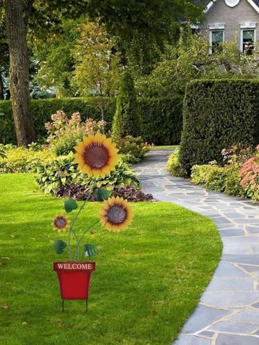 hogardeck Garden Decor for Outside, 39" Sunflower Pot Decorative Garden Stakes for Spring Outdoor Decor, Metal Yard Art Sunflower Welcome Sign for Porch Patio Lawn Pathway Backyard Decorations - Image 6