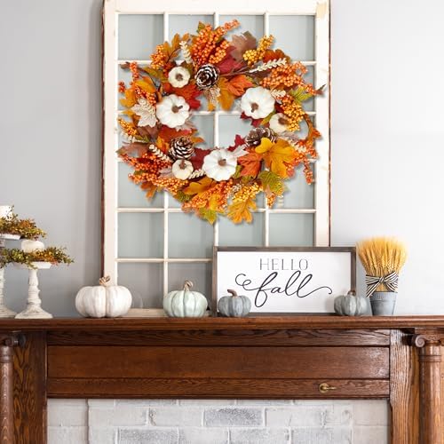 Sggvecsy Fall Wreath 20’’ Autumn Front Door Wreath Harvest Wreath with White Pumpkins Berries Maple Leaves Pine Cones Grain for Outside Indoor Home Wall Festival Thanksgiving Autumn Farmhouse Decor - Image 4