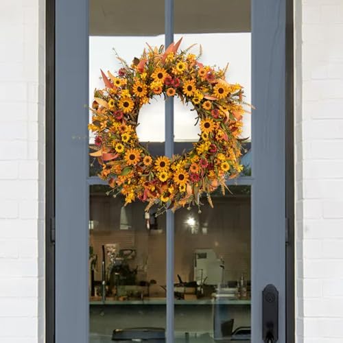J'FLORU Artificial Fall Wreath 22 Inch Fall Wreaths for Front Door Autumn Porch Farmhouse Thanksgiving Day Harvest Festival - Image 2