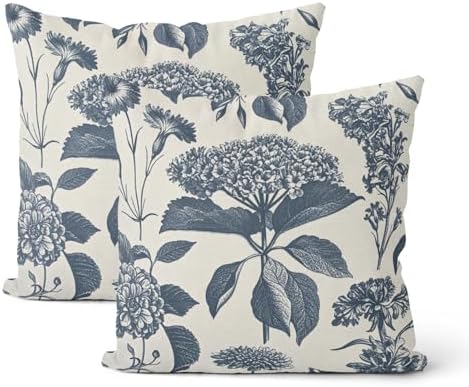 Navy Blue Pillow Covers 18x18 Inch 2 Pcs Boho Vintage Floral Decor Throw Pillows Hydrangea Flower Seasonal Outdoor Farmhouse Neutral Accent Decoration Pillowcase Linen Cushion Cover for Couch by DAFENA
