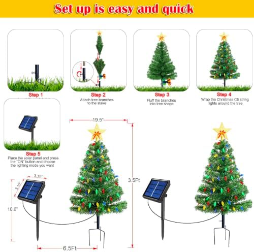 Upgraded Set of 2 Solar Christmas Tree, Outdoor Christmas Decorations,Prelit Xmas Tree w/ 100 LED Multi-color C6 String Lights for Outsdie Holiday Display Yard Front Porch Pathway Grave Cemetery Decor - Image 4