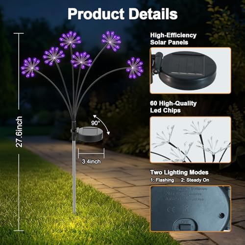 Solar Garden Lights Outdoor, Upgraded Solar Swaying Starburst Light Waterproof with 2 Modes, Solar Fairy Firework Lights for Yard Patio Pathway Flowerbed Balcony Garden Decoration (Purple, 2 Pack) - Image 7