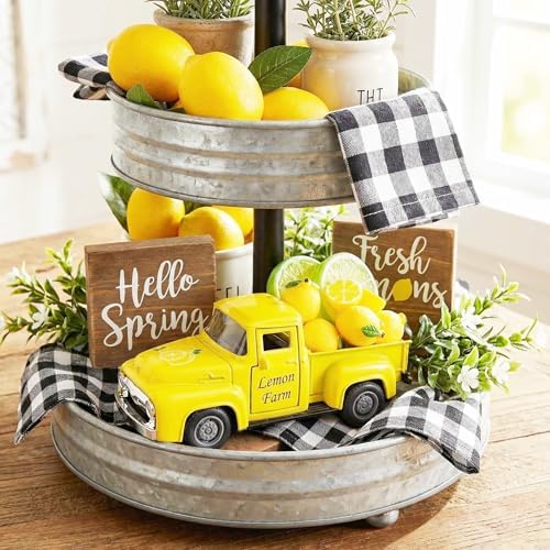 Lemon Farm Truck Decor with 8 Faux Lemons, 5.7 Inch Vintage Yellow Metal Pickup Truck, Spring Summer Farmhouse Kitchen Tabletop Tiered Tray Shelf Mantel Centerpiece Home Decoration,1Set - Image 2