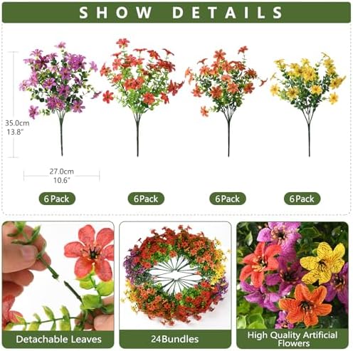24 Bundles Artificial Flowers for Outdoors Spring Summer Decor, Realistic Faux Silk Flowers with Eucalyptus Stem, Fake Plants UV Resistant No Fade for Outside Planter Porch Patio Yard Window Garden - Image 2