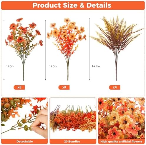 20 Pcs Artificial Fall Flowers for Outdoors Fake Mums, Mixed Orange - Image 2