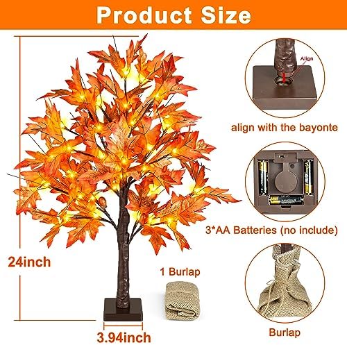 Remon 24 Inch Lighted Fall Maple Tree - 2FT Thanksgiving Tabletop Lamp Decor with 36 LED Lights, 72 Maple Leaves, 6 Acorns, Timer, Burlap Base, Battery Operated Fall Artificial Tree for Indoor - Image 4