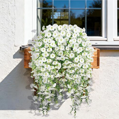 Artificial Hanging Flowers for Outdoors, 4 PCS 600 Blooms UV Resistant Morning Glory Faux Silk Vines, No-Odor Realistic Fake Plants for Garden Planter Porch Patio Decoration, White - Image 6