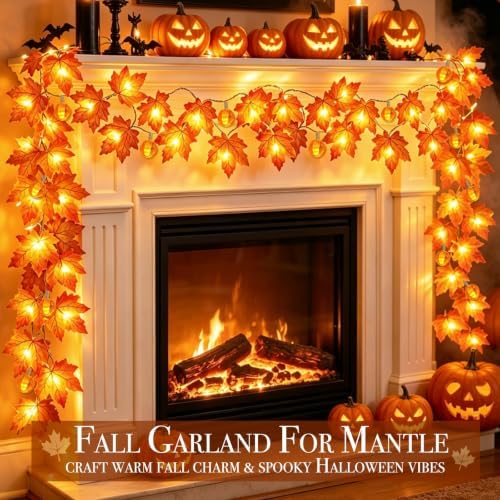 3 Pack Fall Garland with Pumpkin Lights Enlarged Maple Leaves 30Ft 60LED - Image 3