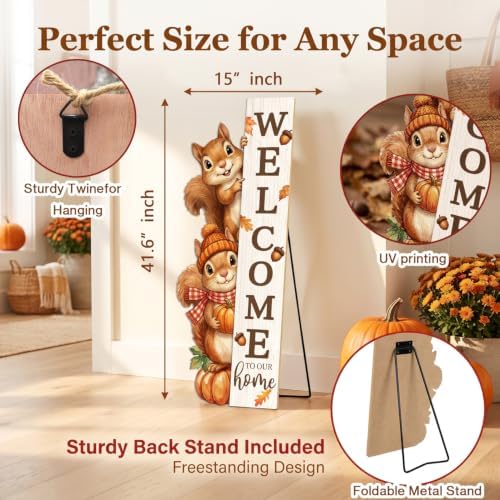 Fall Welcome Sign for Front Door 42" Autumn Squirrel Vertical Large Rustic Porch Decor, Outdoor Patio Garden Thanksgiving Ornament for Home Farmhouse Entryway - Image 2