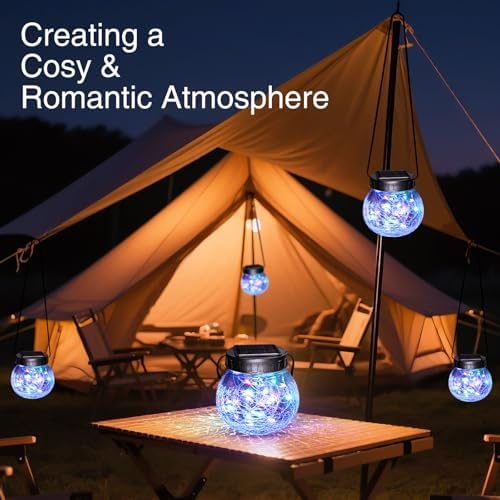 kolpop 6 Pack Solar Lantern Outdoor Lights, Multi-Coloured Solars Lanterns with 30 LED, Crackle Glass Ball Waterproof Hanging Solar Lights for Garden Decor Patio Fence Yard Christmas Tree Decoration - Image 6