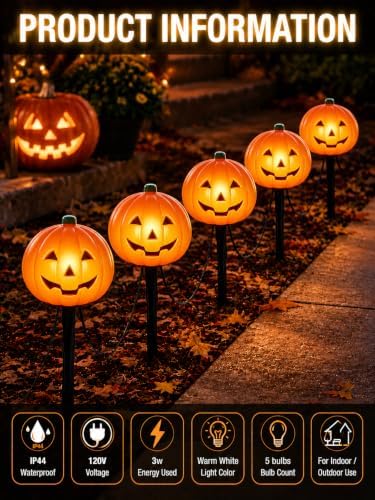 10.5FT Halloween Pumpkin Pathway Lights, 5PK C7 LED Pumpkin Stakes Lights - Image 3