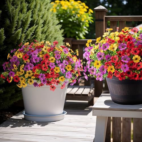 Artificial Flowers for Outdoors Potted Spring Decor, 12 Bundles Fake Summer Daisy with Realistic Eucalyptus Leaves, Faux Plants for Greenery Boxwood Porch Patio Garden Pot Lawn(Red Purple Yellow) - Image 4