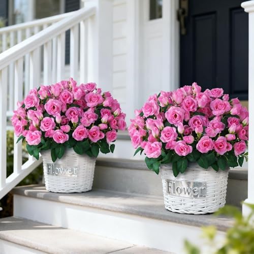 2Pcs Artificial Silk Rose Flower Topiary Tree for Front Porch Decor(Pink) - Image 2