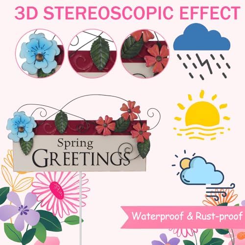 Spring Decor Outdoor Spring Greetings Flower Metal Garden Stakes Decorative Colorful Floral Welcome Sign Yard Art Garden Decorations for Home Outside Lawn Porch Backyard Walkwa - Image 3