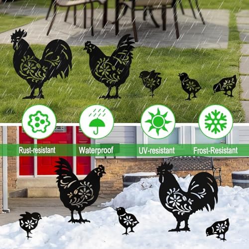 Metal Chicken Garden Decor,Black Silhouette Rooster Hen Outdoor Yard Stakes - Image 3