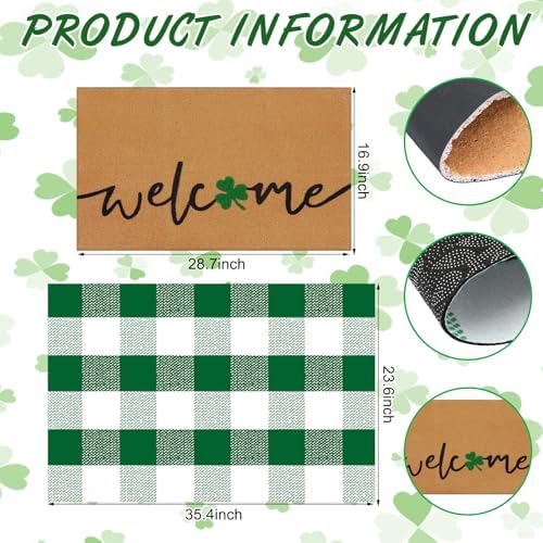 Drydiet Layered Welcome Door Mat with Clover, Green White Plaid Non Slip - Image 3