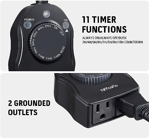 TiFFCOFiO Outdoor Christmas Light Timer, Dusk to Dawn Sensor Countdown, Outdoor Timers for Electrical Outlets Waterproof, 2 Grounded Outlets for Christmas Lights, 15A 1/2HP, CSA Listed (2 Pack) - Image 2