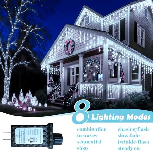 Cool White Christmas Lights Outdoor, 65ft 640 LED Icicle Lights for Outside House with Connectable Clear Wire 8 Modes Timer, Plug in Waterproof for Eaves Yard Party Indoor Holiday Decoration - Image 5