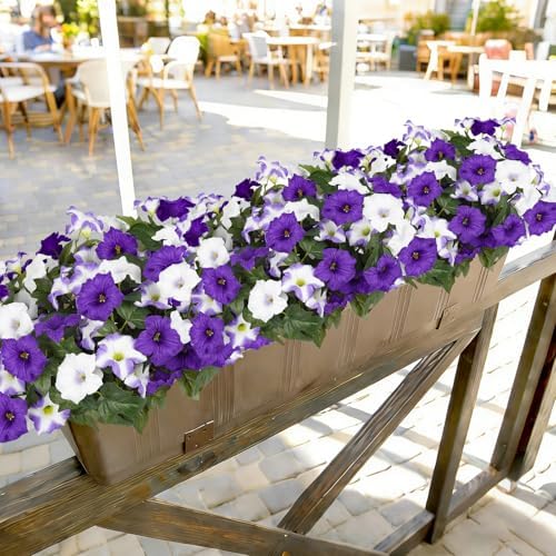 Artificial Flowers for Outdoors, Faux Petunias Spring Summer Decoration, Fake Flowers Plants UV Resistant Look Real Silk Flowers for Outside Planter Front Door Porch Patio Yard (6, Purple-White) - Image 6